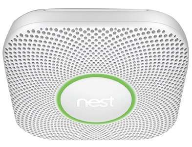 White Nest smart thermostat with green ring, front view