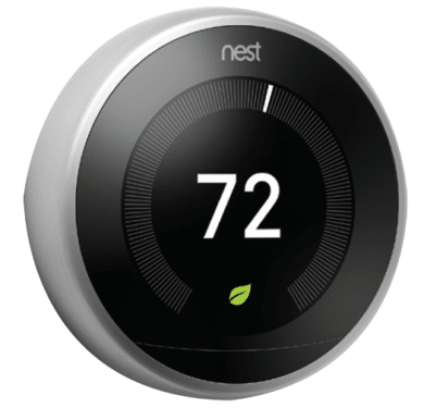 Nest thermostat displaying 72 degrees on a black circular screen.