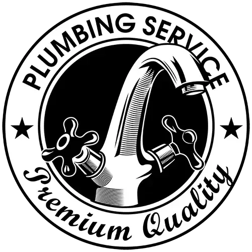 Black-and-white plumbing service logo with faucet and wrench, reading “PLUMBING SERVICE” and “Premium Quality”