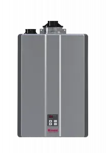 Gray wall-mounted tankless water heater with black top and small front control panel