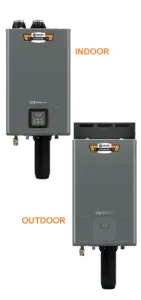 Indoor and outdoor gray wall-mounted water heaters with black piping, labeled “INDOOR” and “OUTDOOR”