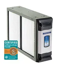 Compact white and black HVAC air filter unit with certified badge label