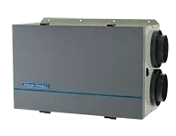 Gray metal HVAC unit with two round side vents and a blue logo label