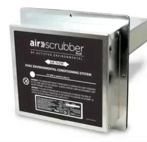 Metal HVAC air scrubber unit with black front panel and clear top cover