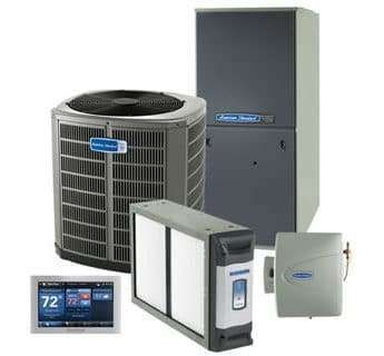 HVAC system components: outdoor unit, furnace, thermostat, and air filter cabinet on a white background
