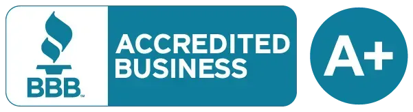 BBB Accredited Business badge with A+ rating icon in blue and white.