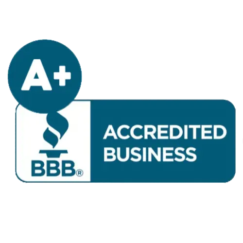 BBB A+ accredited business badge with teal and white logo