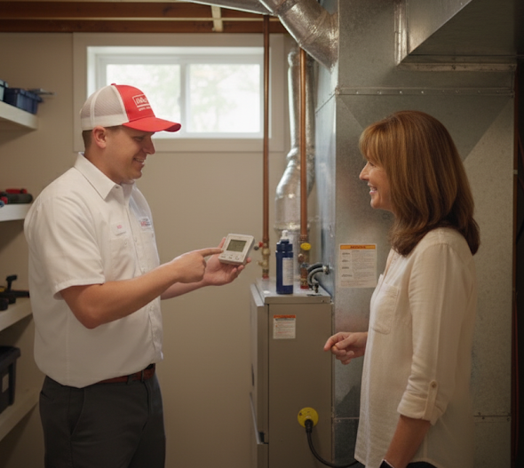 Technician showing a thermostat to a homeowner beside a furnace in a utility room