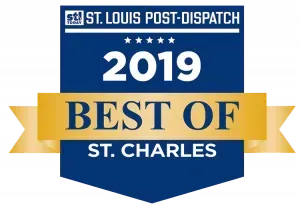 St. Louis Post-Dispatch 2019 Best of St. Charles award badge in blue, gold, and white