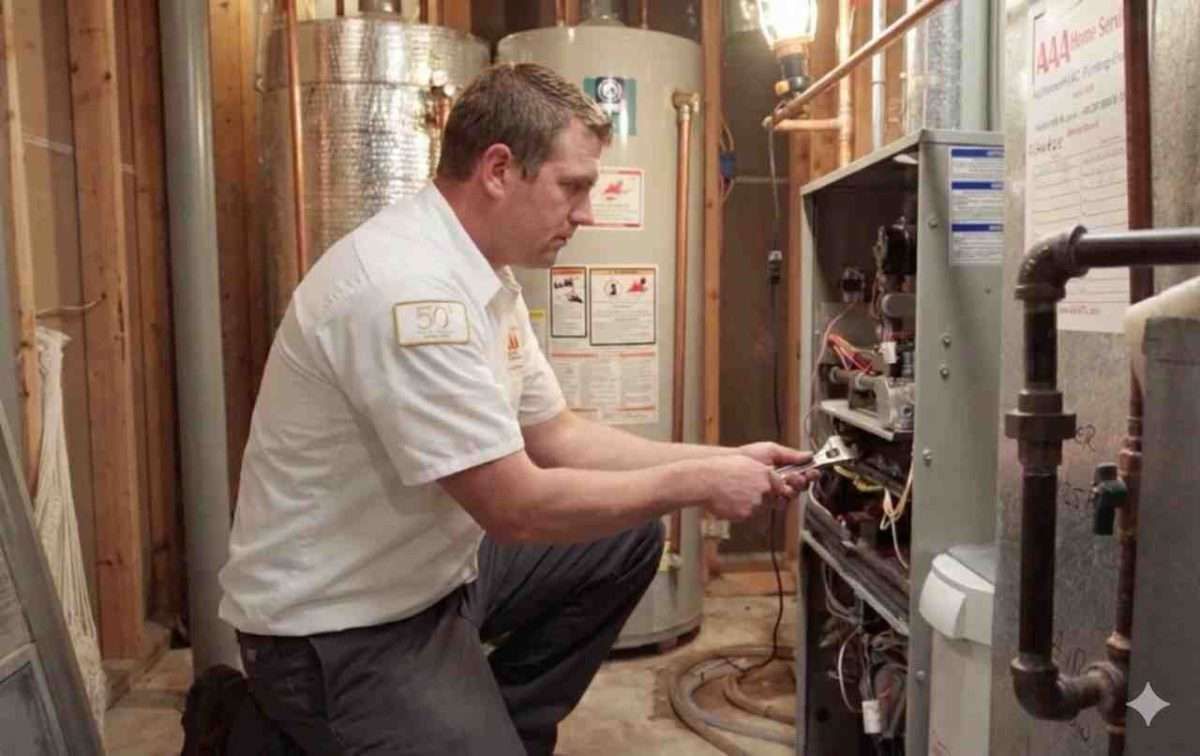 Technician kneels by a water heater, inspecting equipment in a utility room.