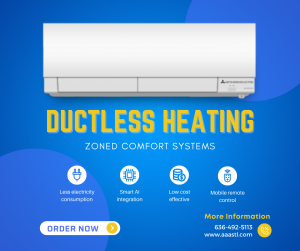 White ductless heating unit on blue background with “Ductless Heating” and comfort system icons
