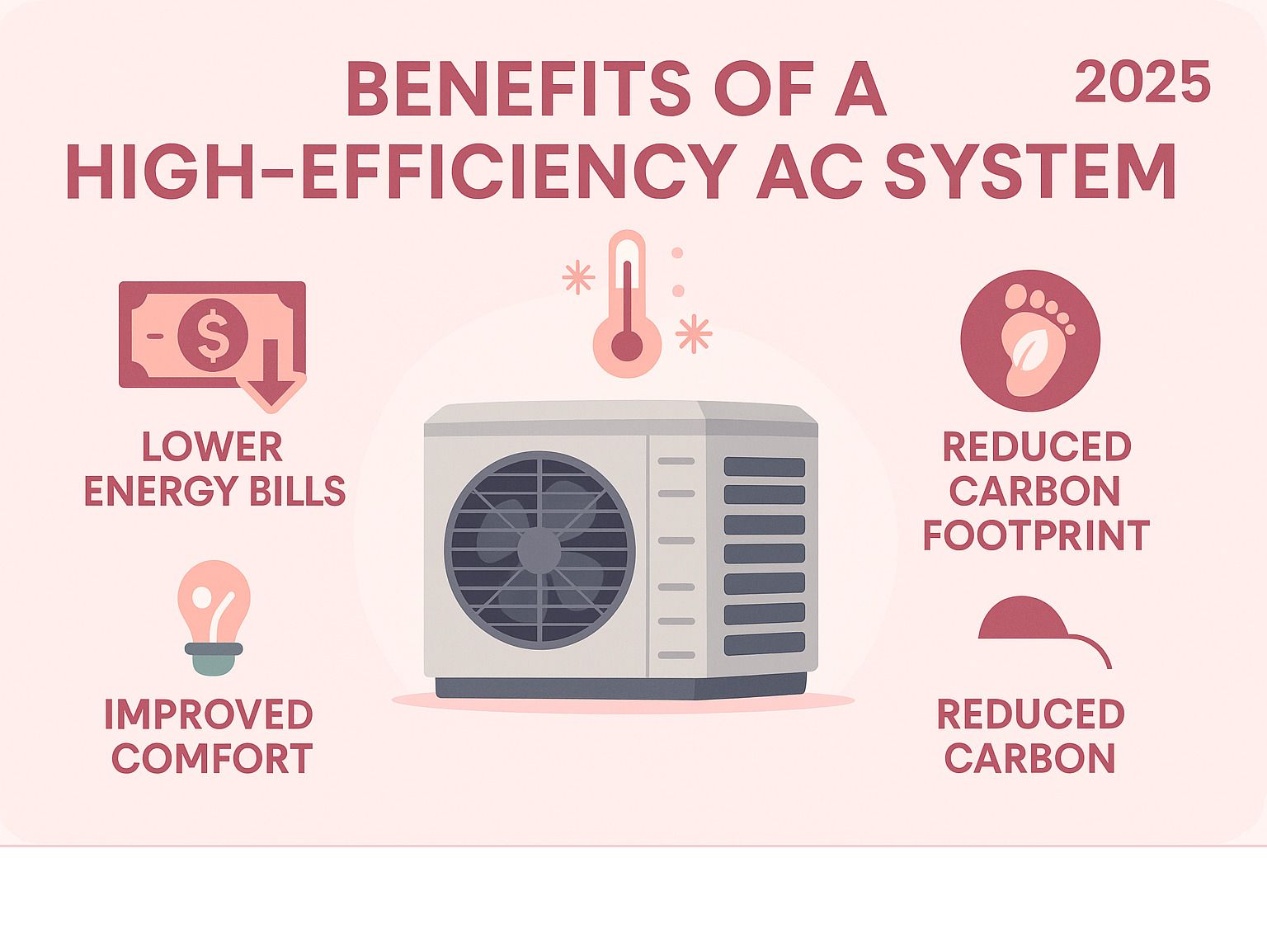 infographic showing the benefits of a high-efficiency AC system including lower energy bills, improved comfort, and reduced carbon footprint - air conditioner replacement cost infographic 