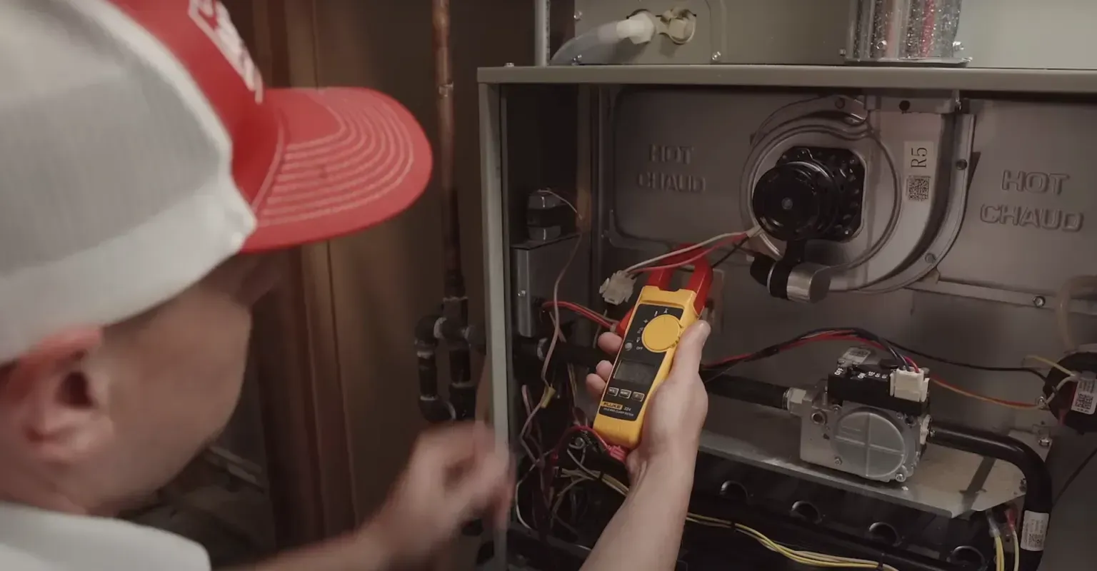 Person inspecting wiring inside an open electrical panel with yellow wire connectors.