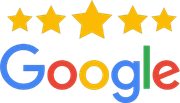 Google logo with five gold stars above it, suggesting a 5-star rating