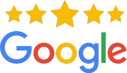Google logo with five gold stars above it, suggesting a 5-star rating