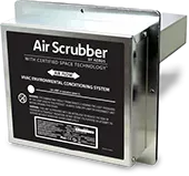 Black and silver air scrubber unit with vented top and wall-mount bracket