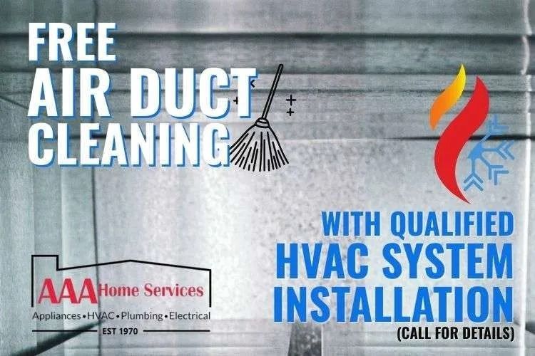 Free air duct cleaning with qualified HVAC system installation; blue, red, and black service ad with logo.