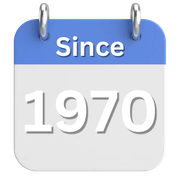 Blue-and-white calendar icon reading “Since 1970”