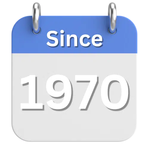 Blue calendar icon reading “Since 1970” with metal rings at the top