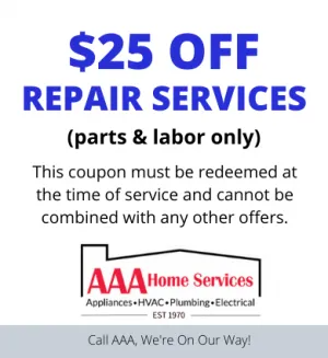 $25 off repair services coupon for AAA Home Services, parts and labor only.