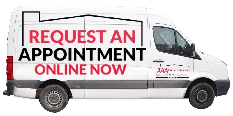 White service van with “REQUEST AN APPOINTMENT ONLINE NOW” signage on the side