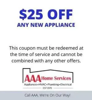 AAA Home Services coupon offering $25 off any new appliance with redemption terms