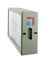 Beige air purifier or filter unit with black handle and white filter panels on the side.