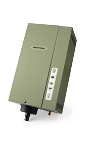 Olive-green wall-mounted device with a control panel and black nozzle protruding from the bottom