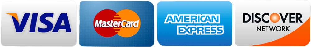 Visa, Mastercard, American Express, and Discover payment logos on a blue background