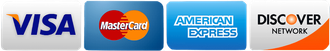Visa, Mastercard, American Express, and Discover payment logos on a blue background