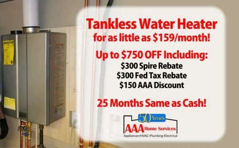 Tankless water heater ad with silver unit and red text offering $159/month, rebates, and same-as-cash financing