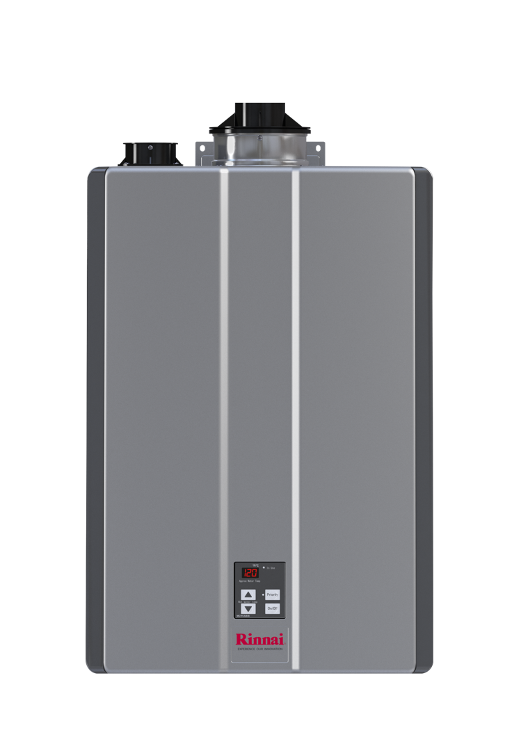 Gray wall-mounted tankless water heater with black fittings and red logo.