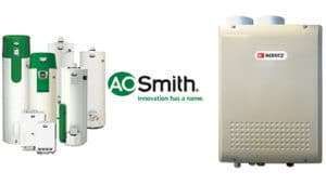 A.O. Smith water heaters and a beige tankless unit with logo on white background