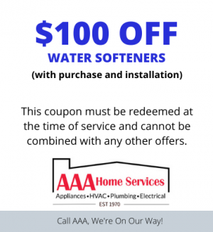 $100 off water softeners coupon from AAA Home Services with purchase and installation.