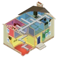 Cutaway illustration of a house interior showing rooms, stairs, and wiring details