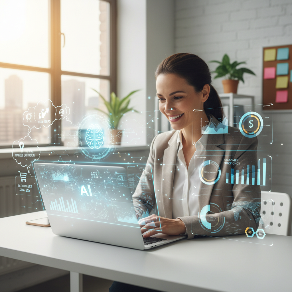 Small business owner using AI on a laptop