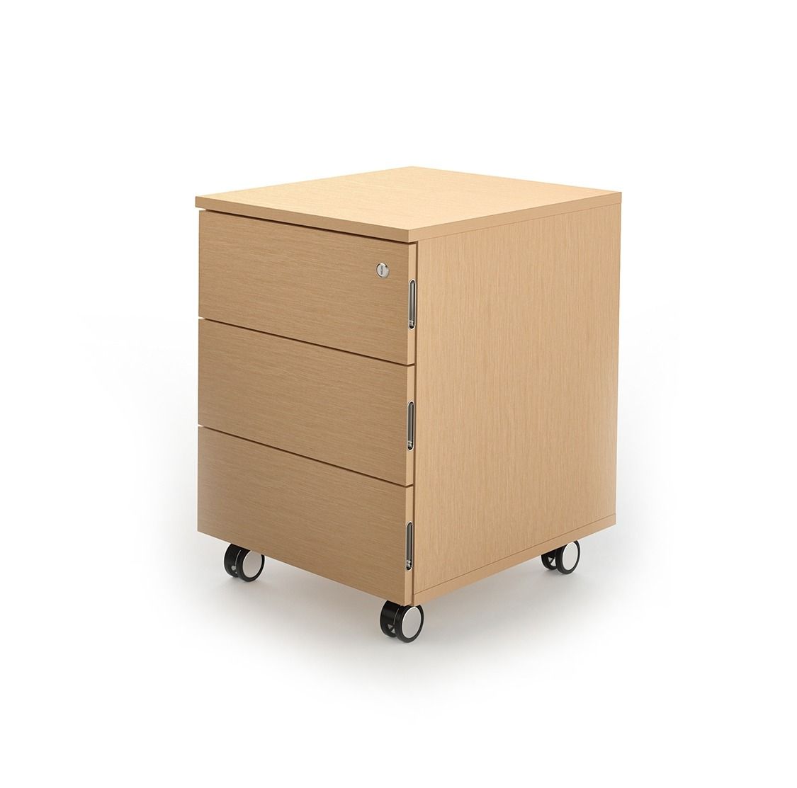 Mobile contenitore in legno chiaro con tre cassetti e serratura argentata, dotato di quattro rotelle.