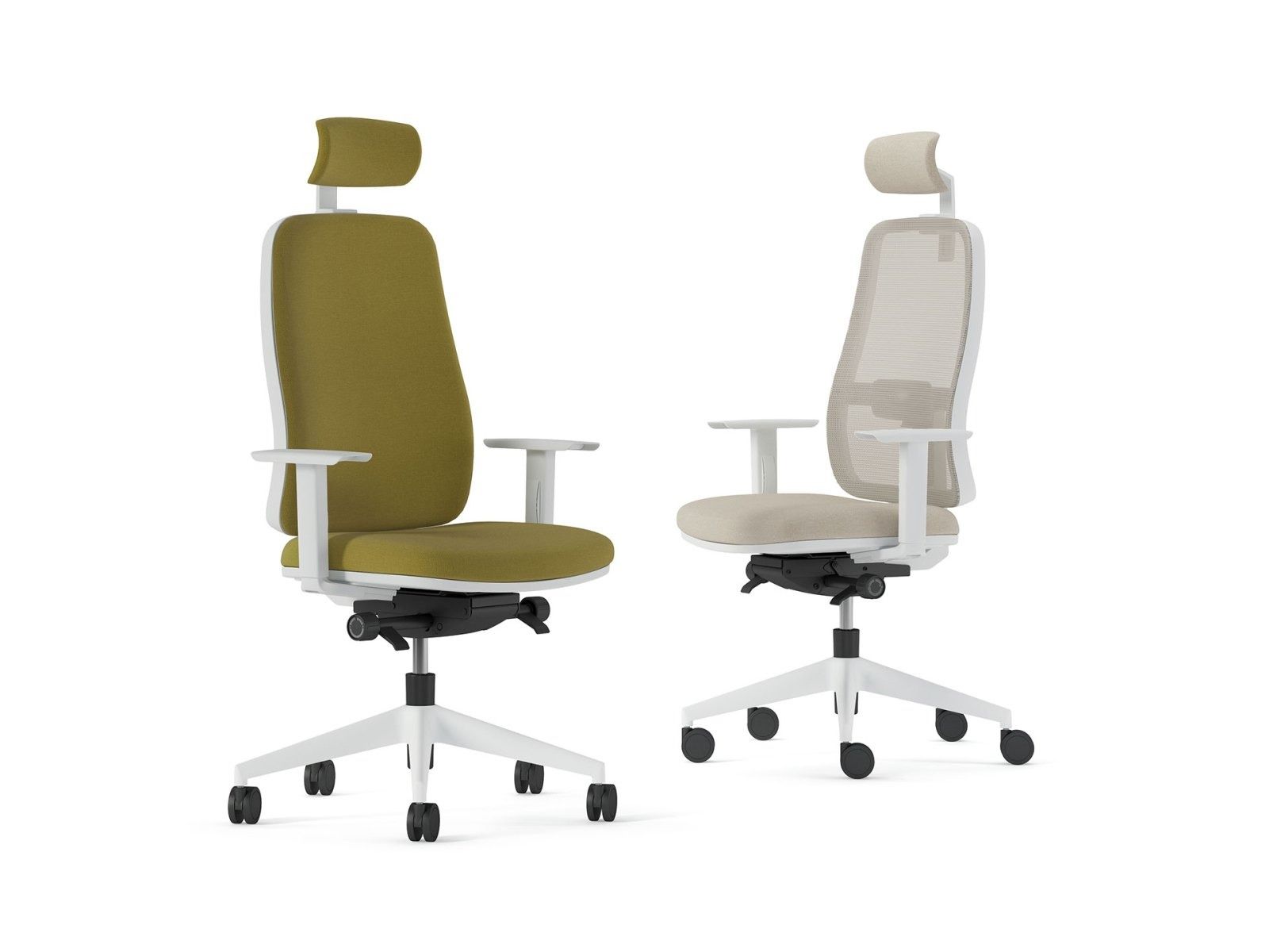 Due moderne sedie da ufficio con poggiatesta, una in tessuto verde oliva e l'altra in rete beige chiaro, su sfondo bianco.