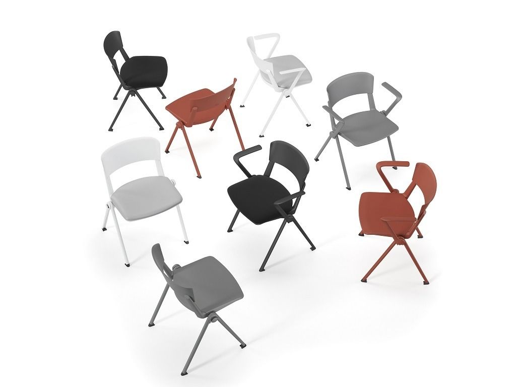 Un gruppo di otto sedie moderne in vari colori, tra cui nero, bianco, grigio e terracotta, disposte su un pavimento bianco.