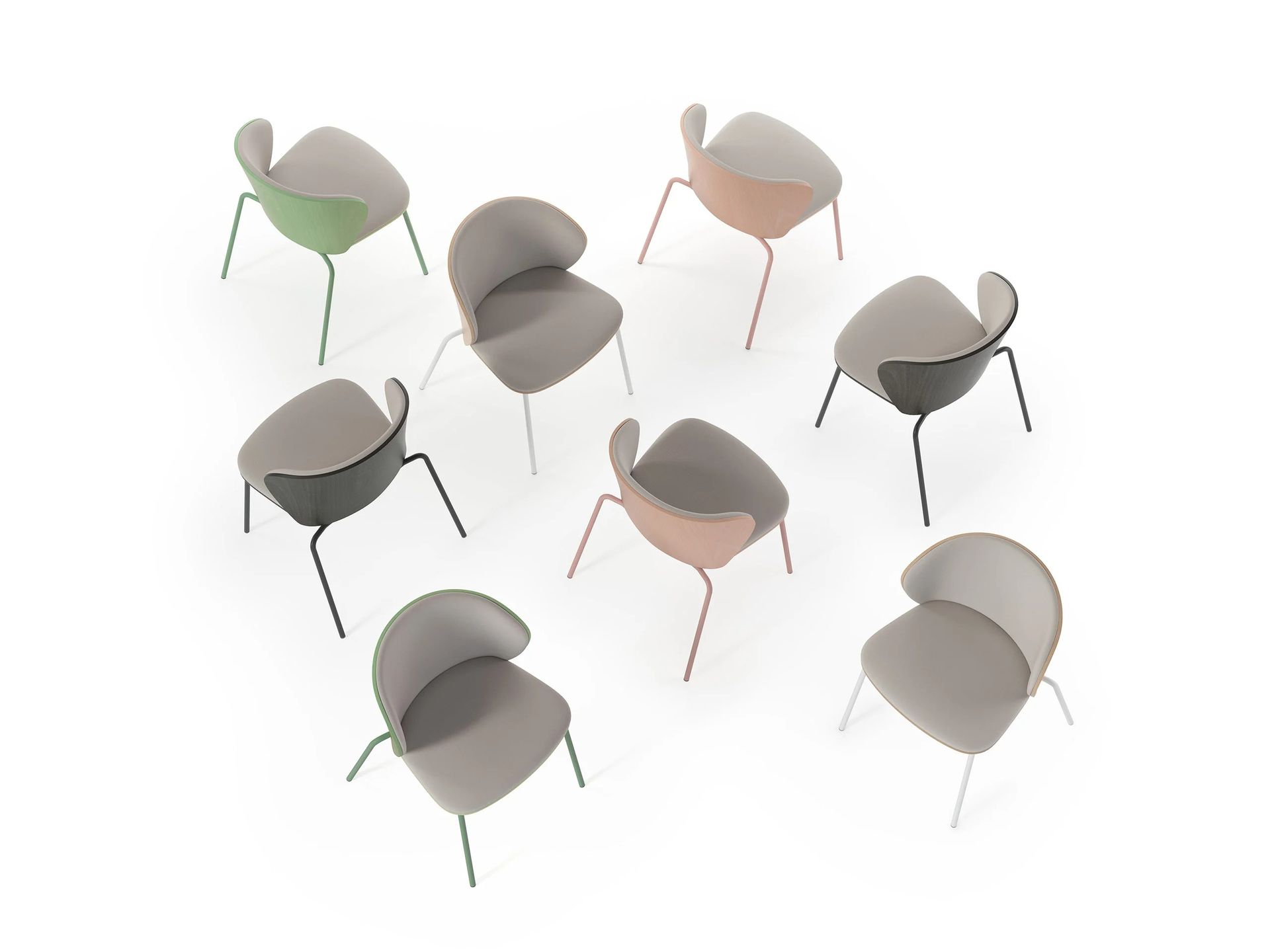 Otto sedie moderne con schienale curvo e gambe sottili in metallo, disposte in cerchio su uno sfondo bianco.