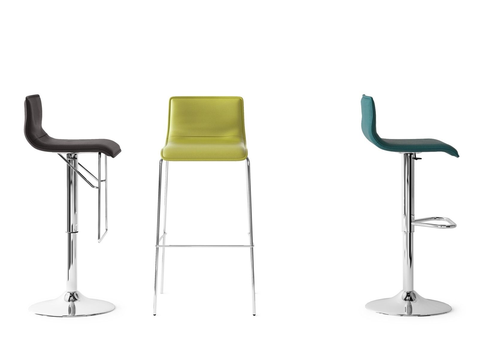 Tre sgabelli da bar moderni, nei colori nero, verde lime e turchese, disposti su uno sfondo bianco.