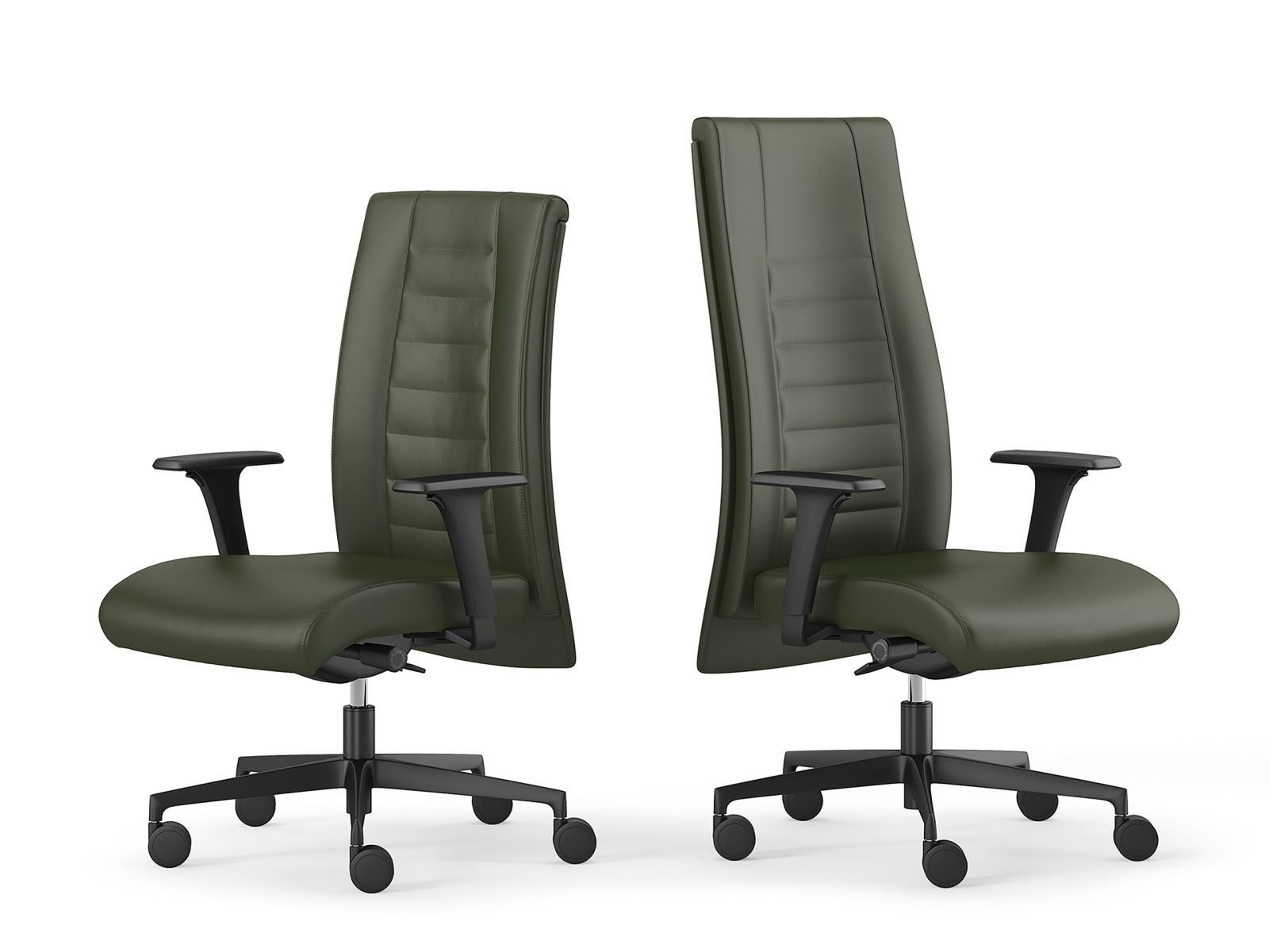 Due sedie da ufficio verde oliva con schienale alto trapuntato orizzontalmente, braccioli neri e base con ruote su sfondo bianco.