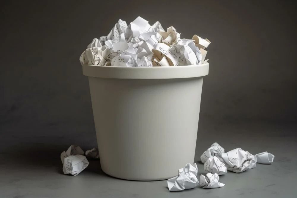 Un cestino bianco traboccante di palline di carta accartocciate su uno sfondo grigio scuro.