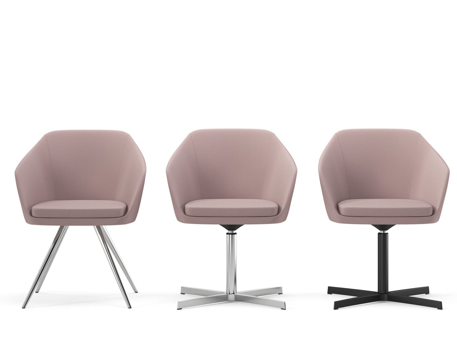Tre sedie imbottite color malva disposte in fila, ognuna con una base di stile diverso: quattro gambe in metallo, un piedistallo argentato o nero.