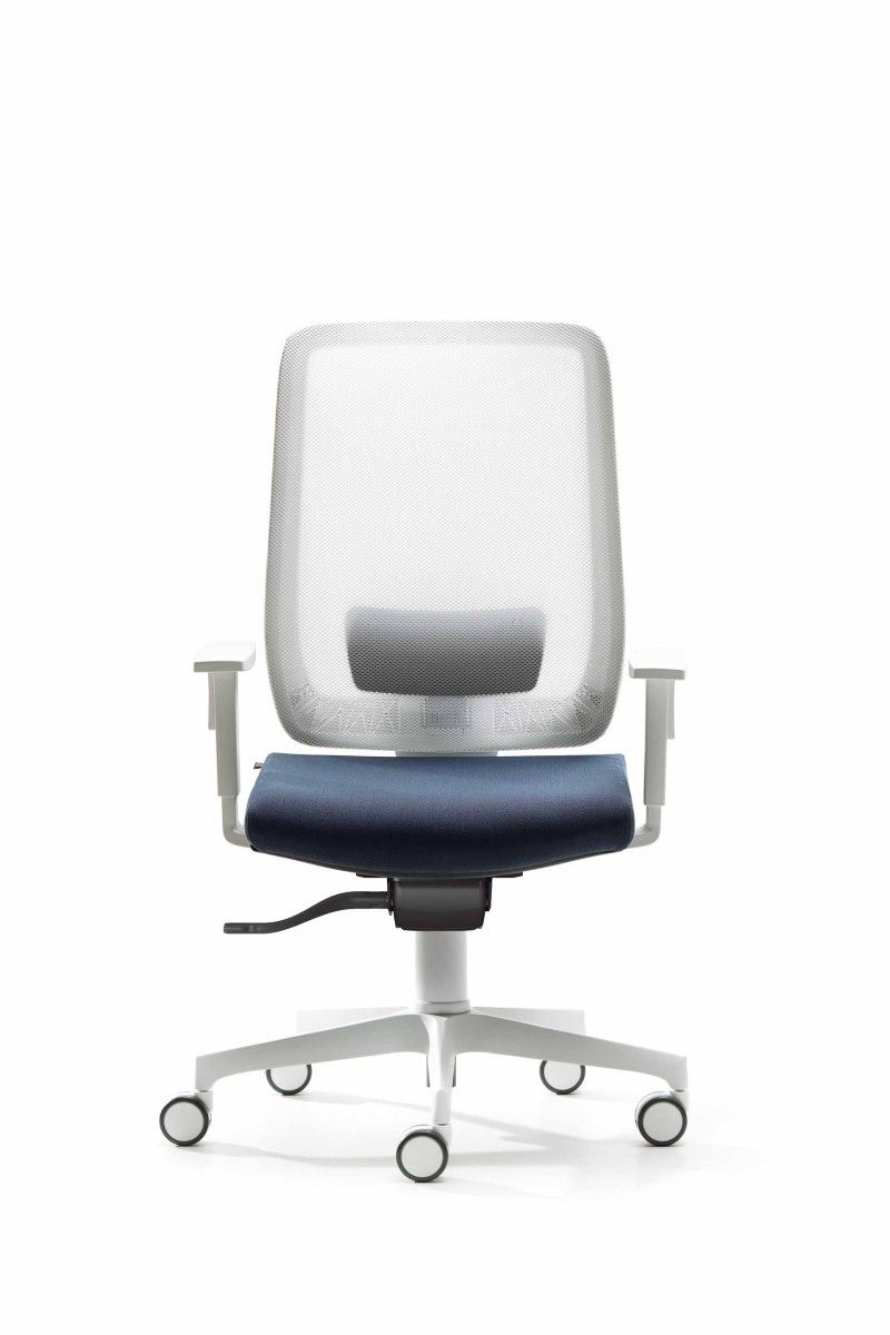 Sedia da ufficio ergonomica con struttura bianca, schienale in rete grigio chiaro, supporto lombare e seduta in tessuto blu.