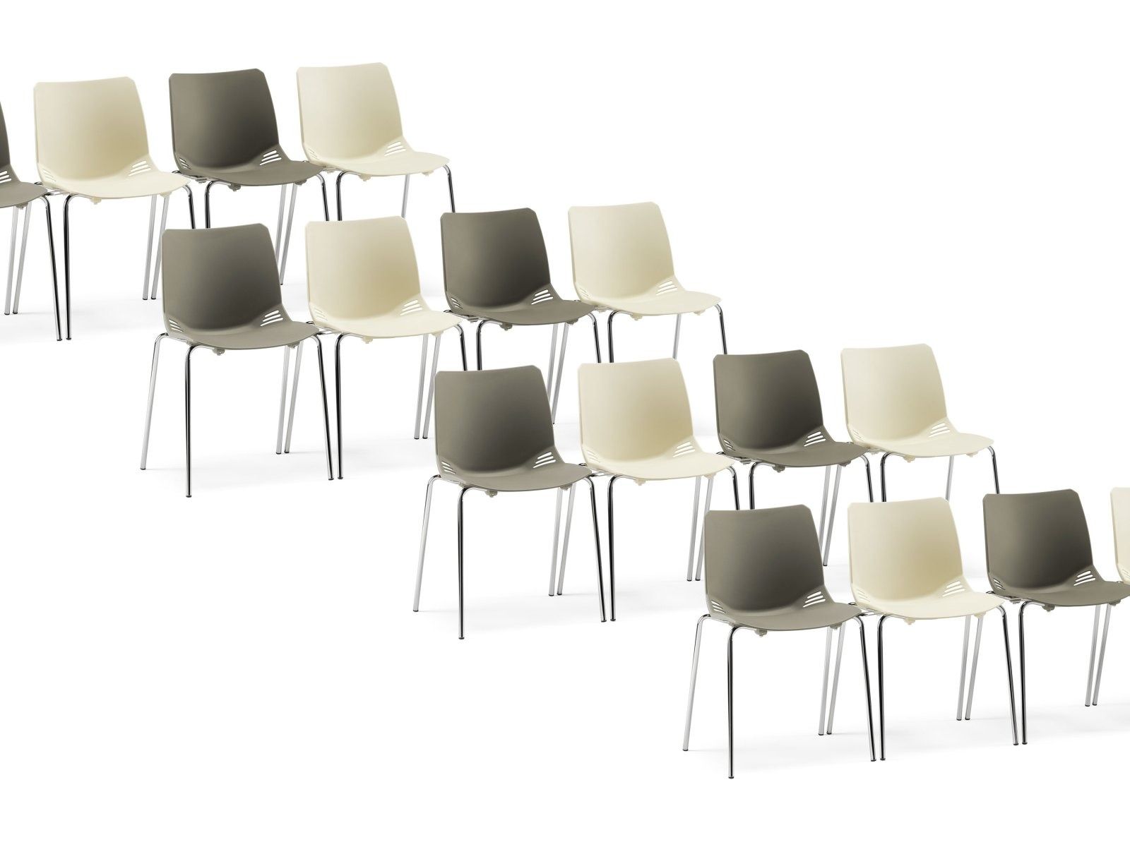Una griglia di sedie impilabili, in colori alternati grigio chiaro e bianco, disposte su quattro file su uno sfondo bianco.