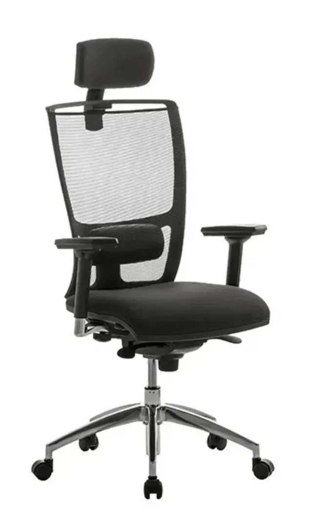 Sedia da ufficio ergonomica nera con schienale in rete, poggiatesta, braccioli regolabili e base cromata a cinque ruote.