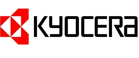 Il logo Kyocera, caratterizzato da un simbolo geometrico rosso a sinistra del nome del marchio in caratteri neri, audaci e stilizzati.