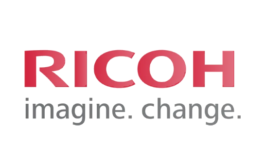 Il logo Ricoh in testo rosso, con lo slogan "imagine. change." in grigio sotto.