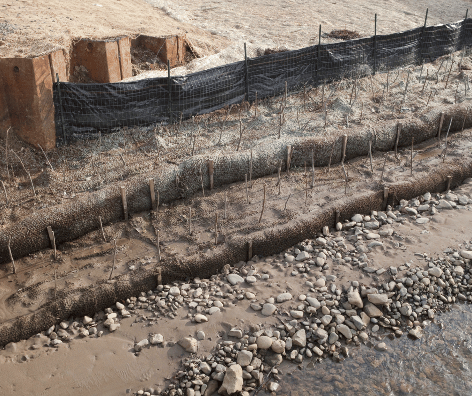 Straw wattles for erosion control near San Diego beach shoreline protecting sand and landscape